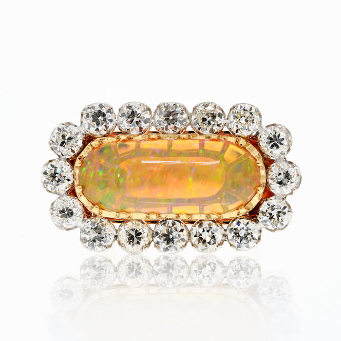 18K Yellow Gold Cabochon Opal, Old Mine Diamond Halo Cocktail Ring