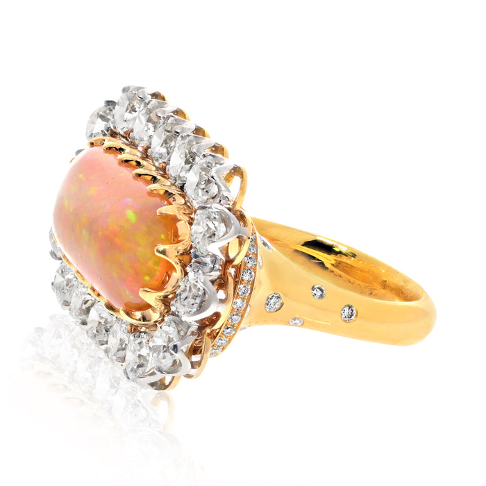 18K Yellow Gold Cabochon Opal, Old Mine Diamond Halo Cocktail Ring