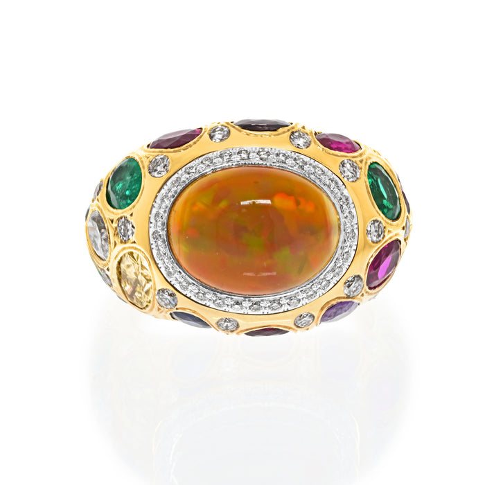 18K Yellow Gold Cabochon Fire Opal, Gemstone And Diamond Bombe Cocktail Ring