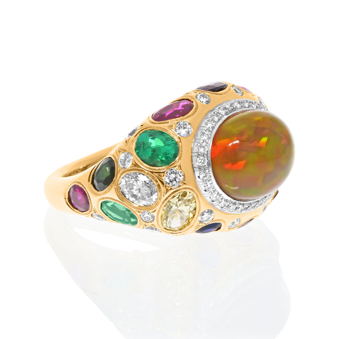 18K Yellow Gold Cabochon Fire Opal, Gemstone And Diamond Bombe Cocktail Ring