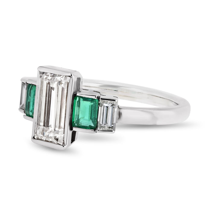 Platinum Bezel Set Emerald Cut Diamond And Green Emerald Ring