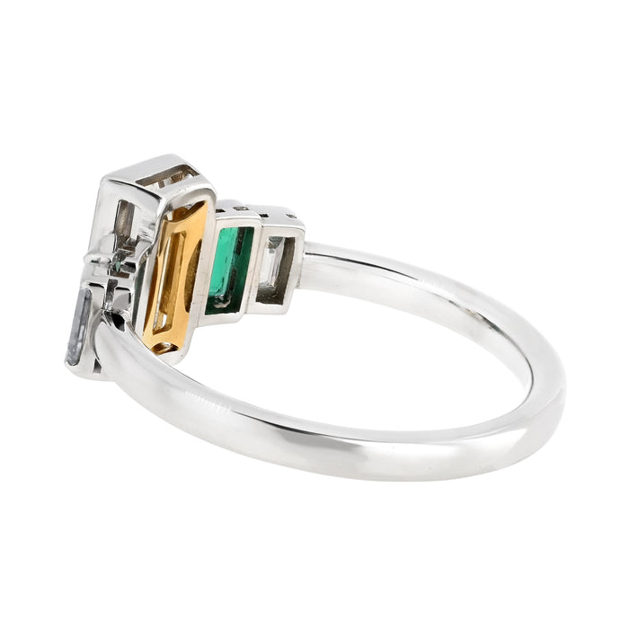 Platinum Bezel Set Emerald Cut Diamond And Green Emerald Ring