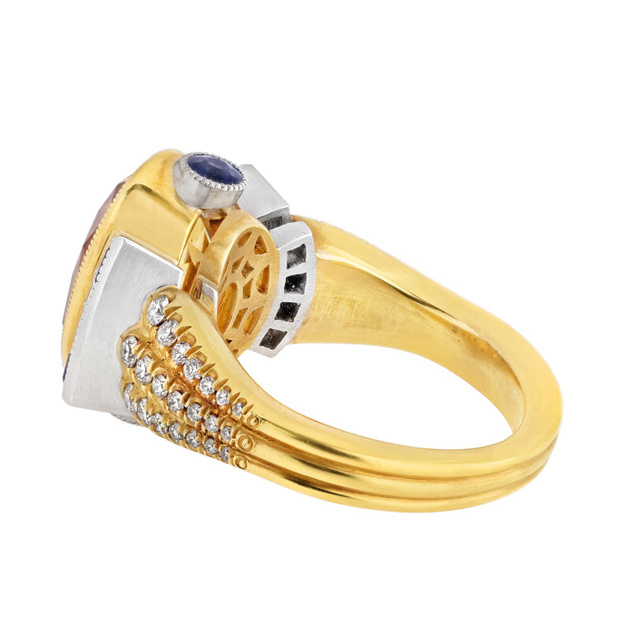 18K Yellow Gold 8 Carat Orange Citrine, Sapphire And Diamond Cocktail Ring