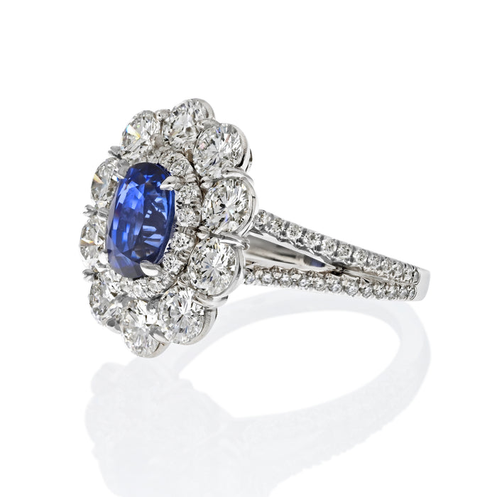 Platinum Handmade Oval Cut Blue Sapphire And Diamond Ring