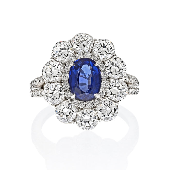 Platinum Handmade Oval Cut Blue Sapphire And Diamond Ring