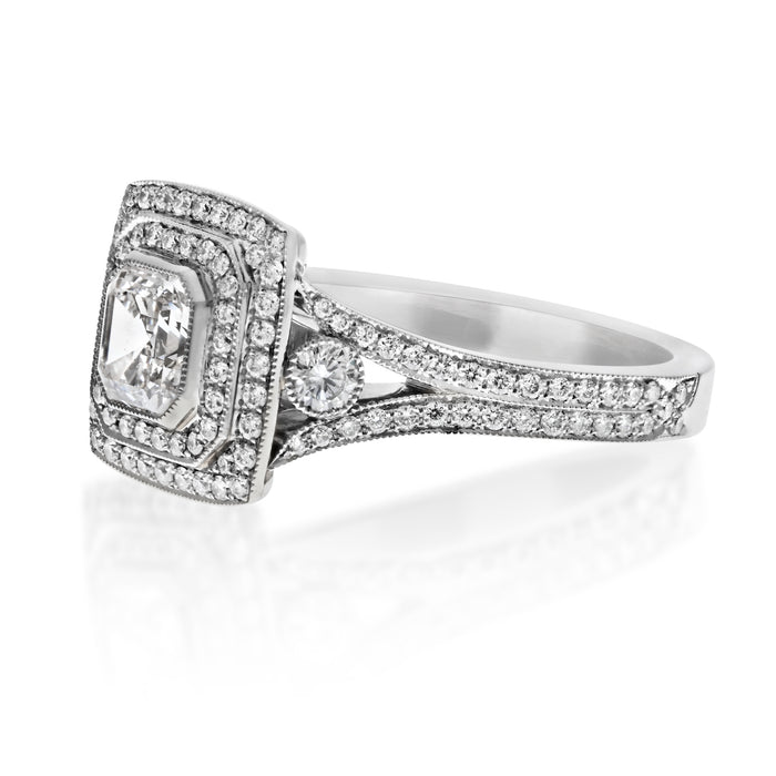 Platinum Asscher Cut Diamond Double Pave Halo And Split Shank Ring