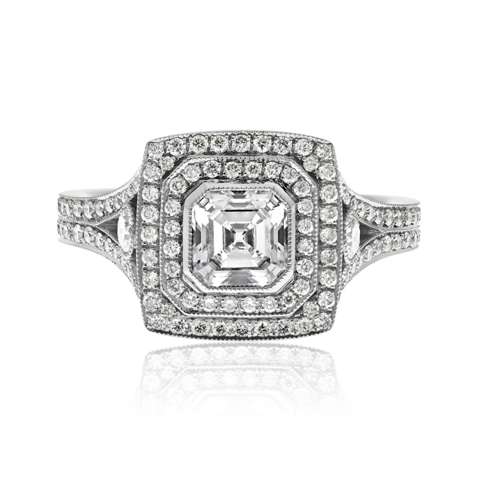 Platinum Asscher Cut Diamond Double Pave Halo And Split Shank Ring