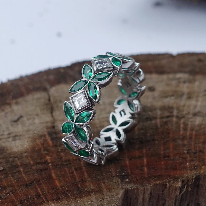 Platinum Stackable Three Piece Emerald & Diamond Rings Set