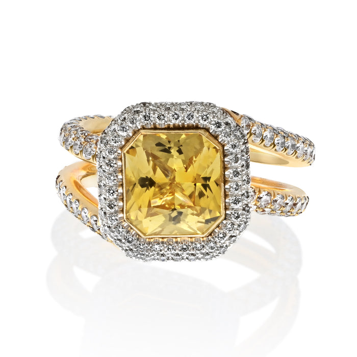 Radiant Cut Yellow Sapphire Micro Pave Halo and Diamond Ring