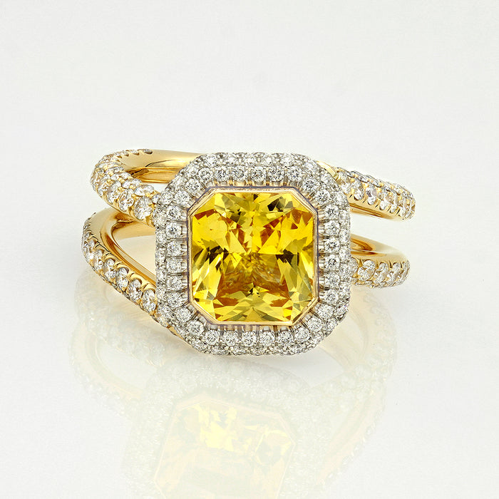 Radiant Cut Yellow Sapphire Micro Pave Halo and Diamond Ring